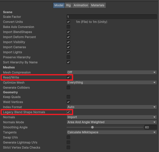 Model import settings