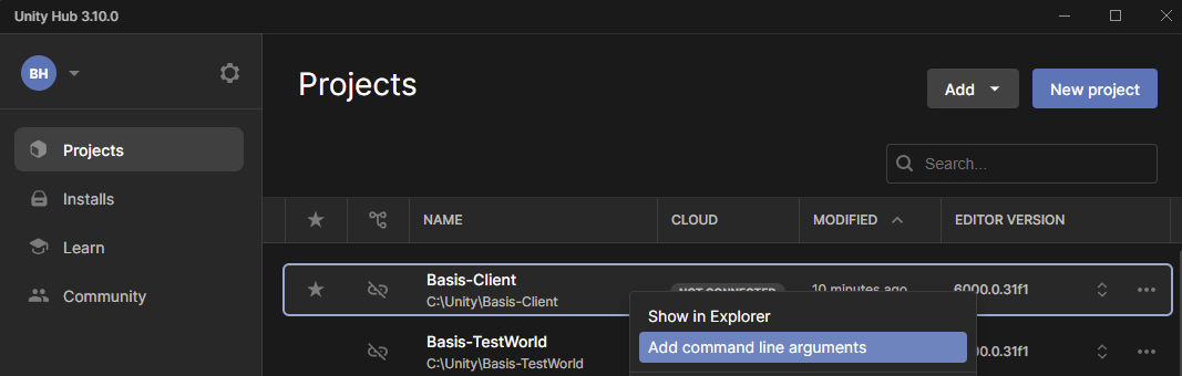 Unity Hub project right-click menu