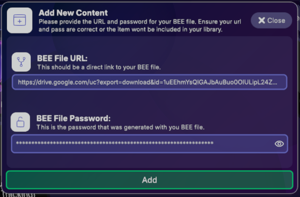 BEE file URL & password