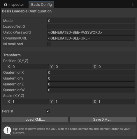 Inspector Window showing BasisFramework prefab