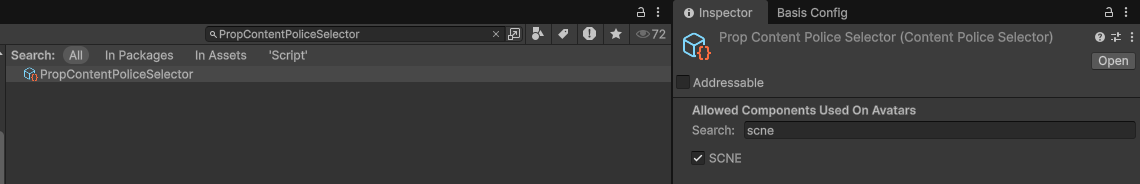 Inspector Window showing BasisFramework prefab