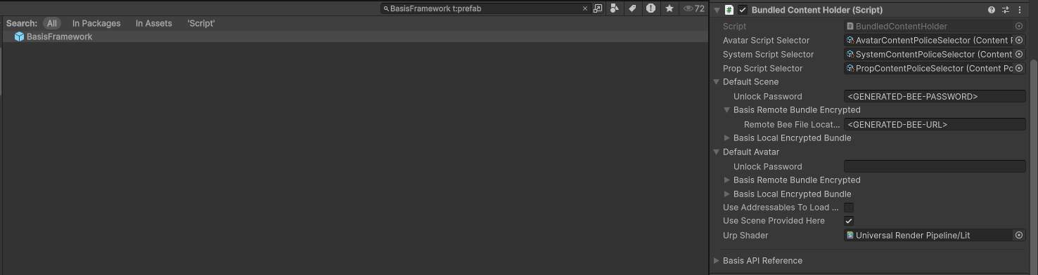Inspector Window showing BasisFramework prefab
