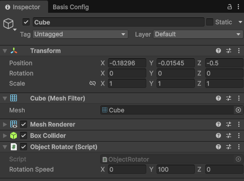 Inspector Window showing cube with rotation script attached