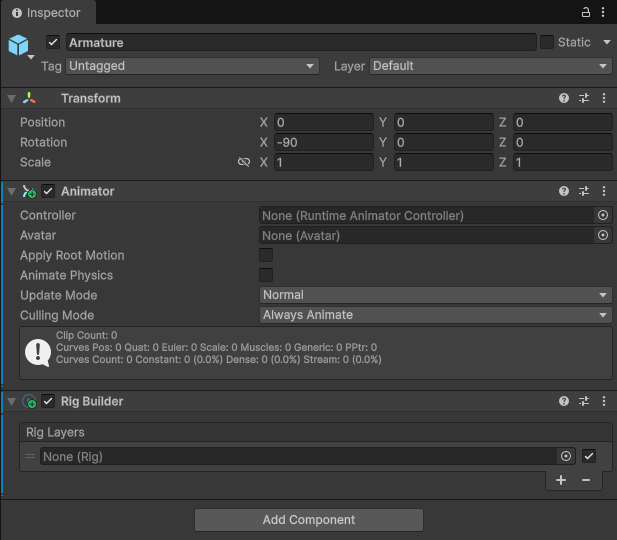 Inspector Window at Armature Gameobject