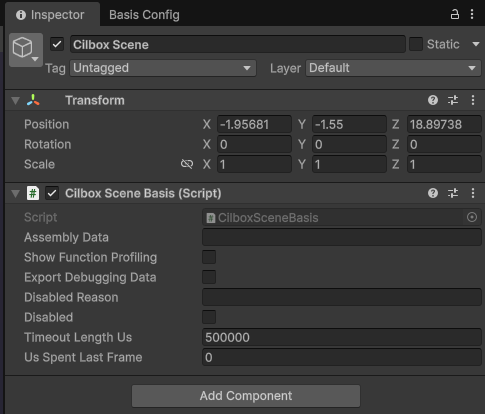 Inspector Window showing CilboxSceneBasis component