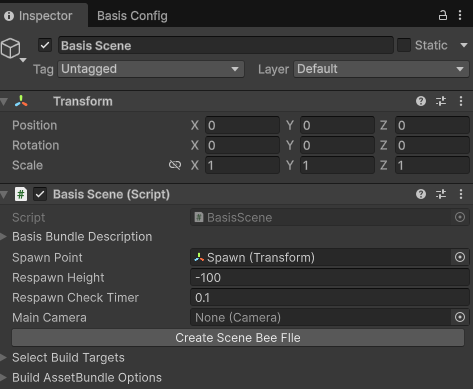Inspector Window showing Basis Scene component