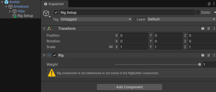 Inspector Window for Rig Setup Gameobject