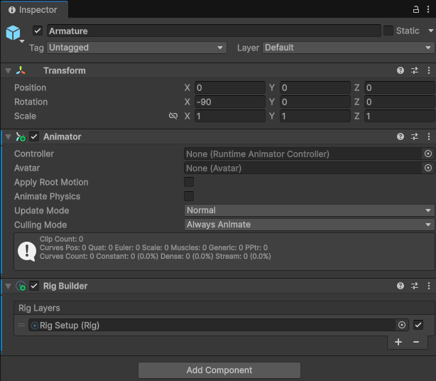 Inspector Window for Armature after assignment