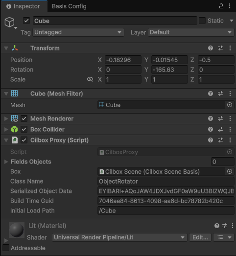 Inspector Window showing created Cilbox Proxy component