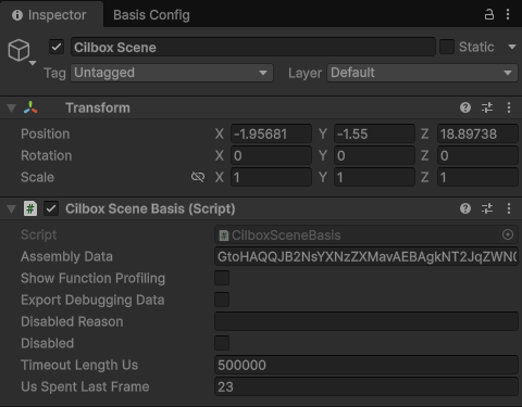 Inspector Window showing Cilbox Scene Basis component updated in play mode