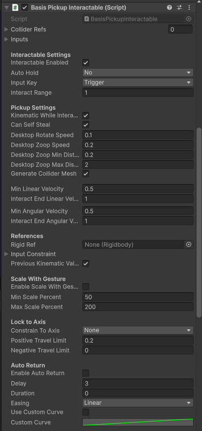 Inspector Window at Basis Pickup Interactable component