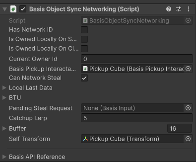 Inspector Window at Basic Object Sync Networking component