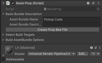 Inspector Window showing Basis Prop component