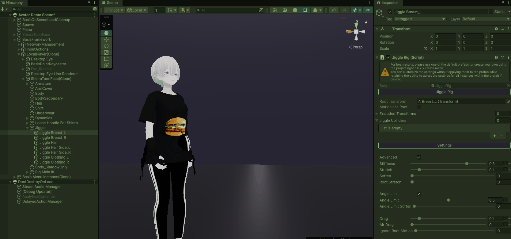 Window showing avatar using Jiggle Rig in playmode