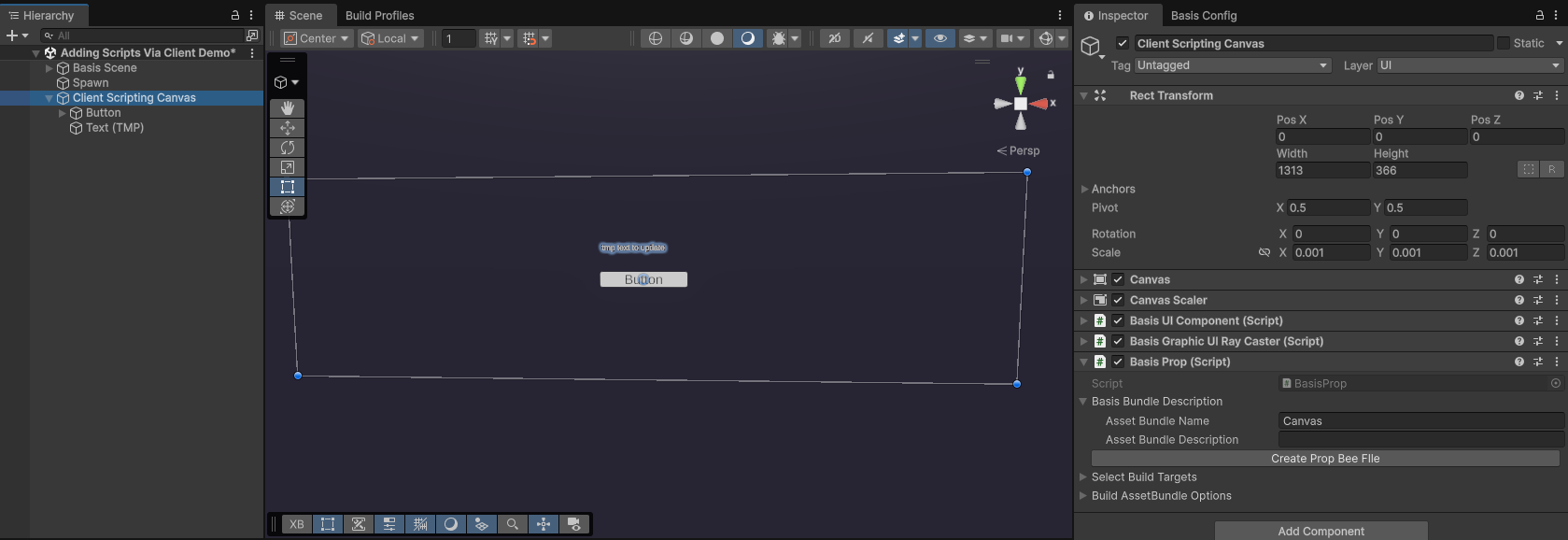 Inspector Window showing button using Basis Prop