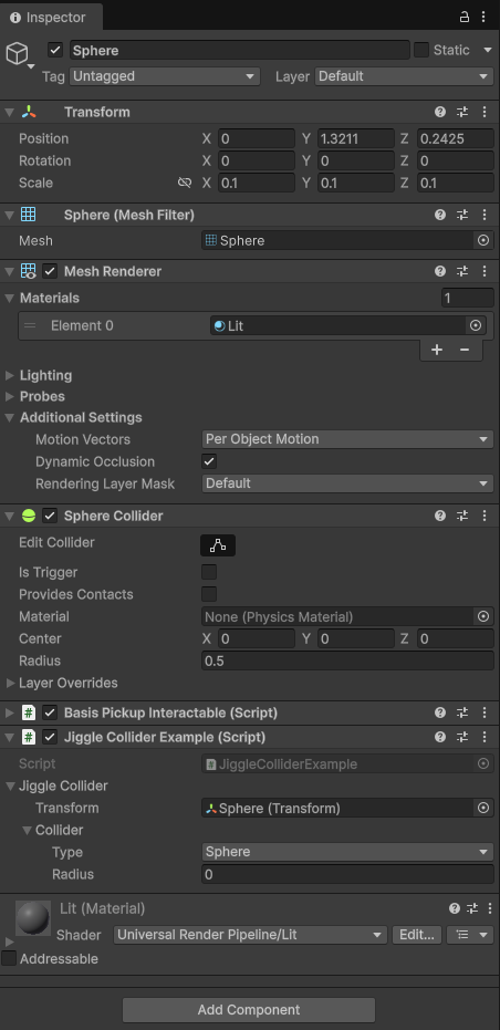 Inspector Window showing sphere with Jiggle Collider 