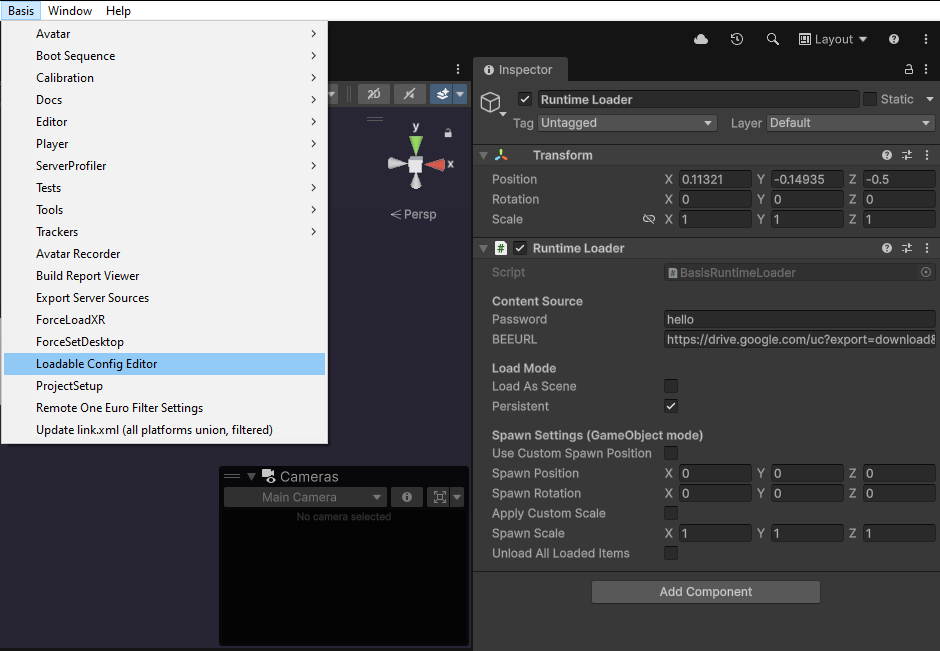 Unity toolbar showing Basis Loadable Config Editor setting