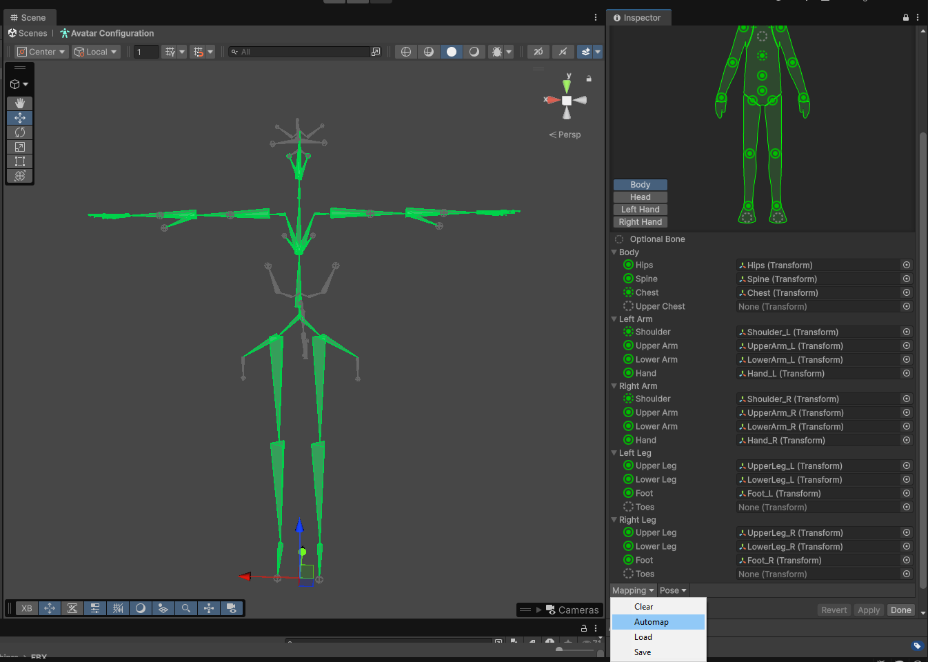 Inspector window showing how to automap avatar rig
