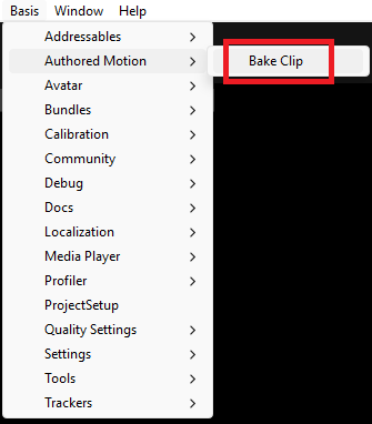 Basis Authored Motion Bake Clip menu