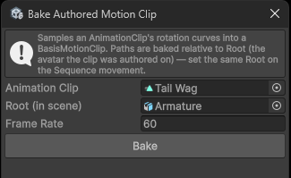 Bake Authored Motion Clip window
