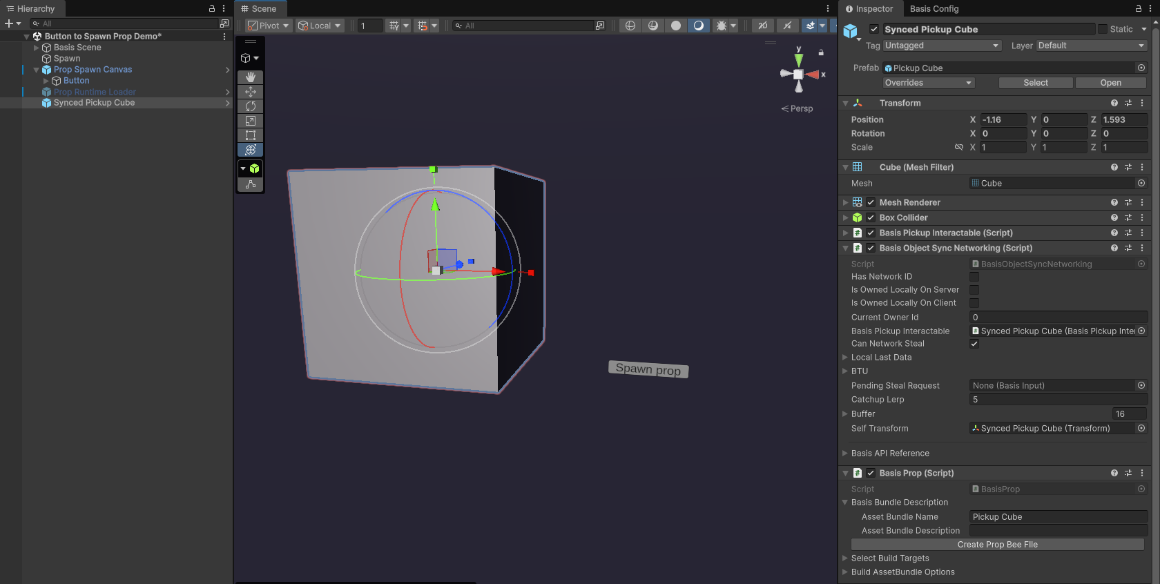 Inspector Window showing synced cube and components