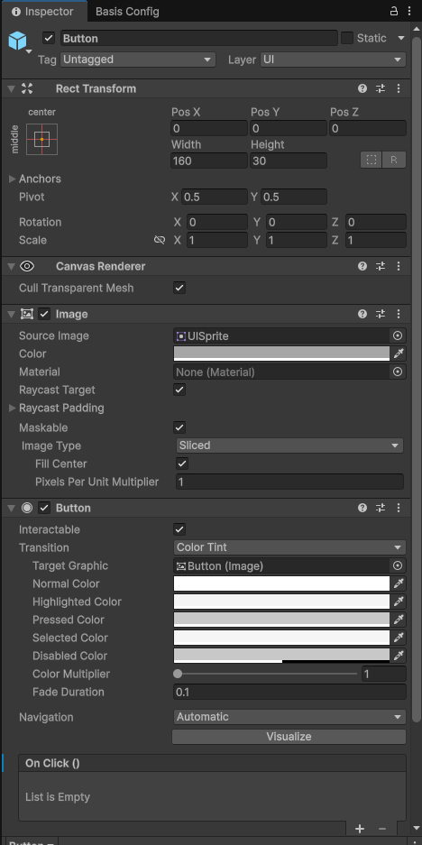 Inspector Window showing button and components