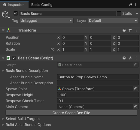 Inspector Window showing Basis scene