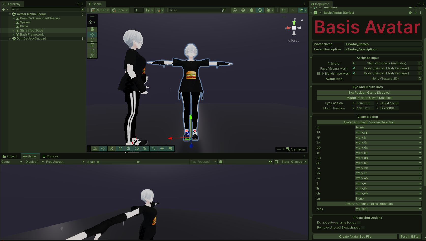 Inspector Window showing example of avatar blendshape movements