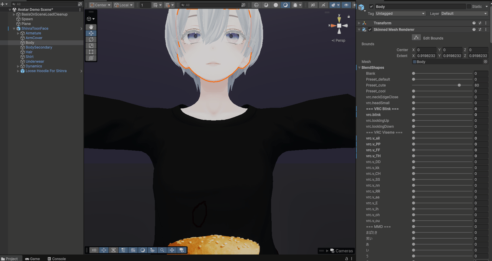 Inspector Window showing example of avatar blendshape movements
