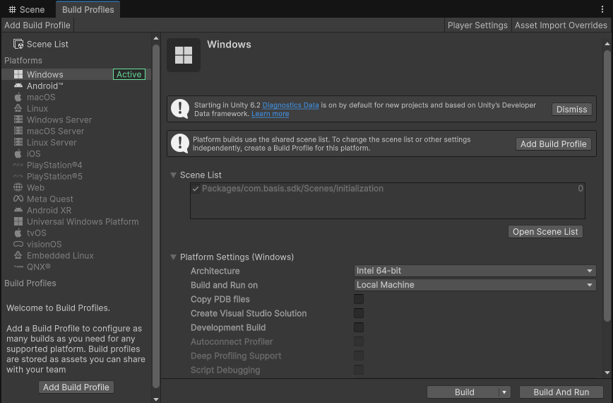 Window showing Unity Client Build Profiles